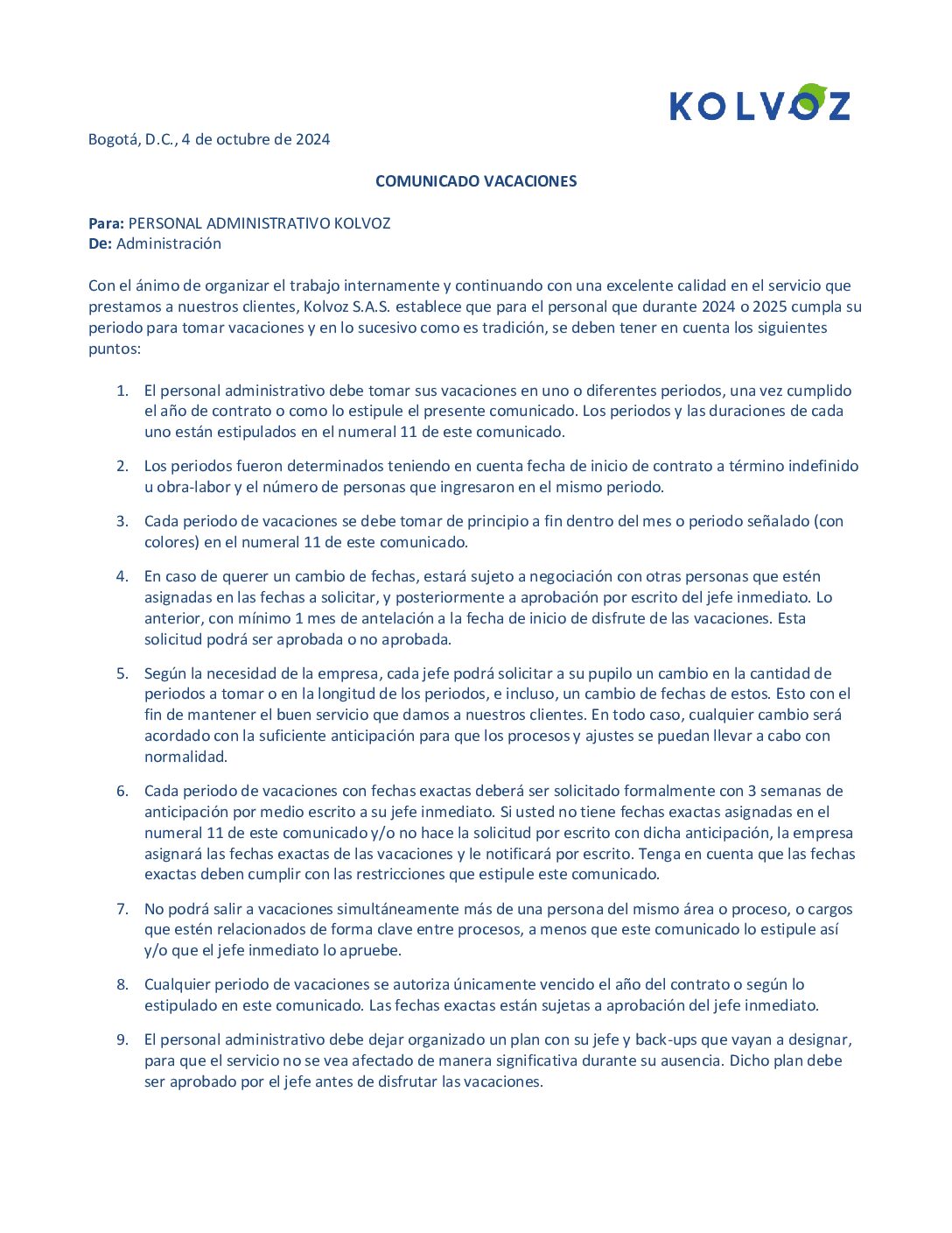 Comunicado Vacaciones Administrativo