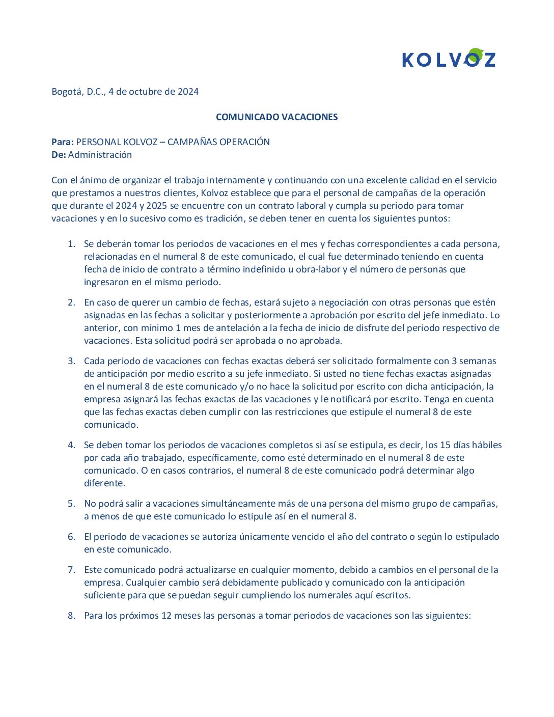 Comunicado Vacaciones Operación